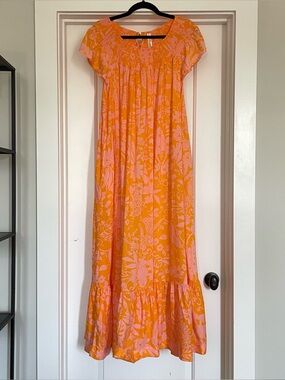 Anthropologie Arielle Sleep Maxi Dress Floral Smocked Orange Pink Size Small